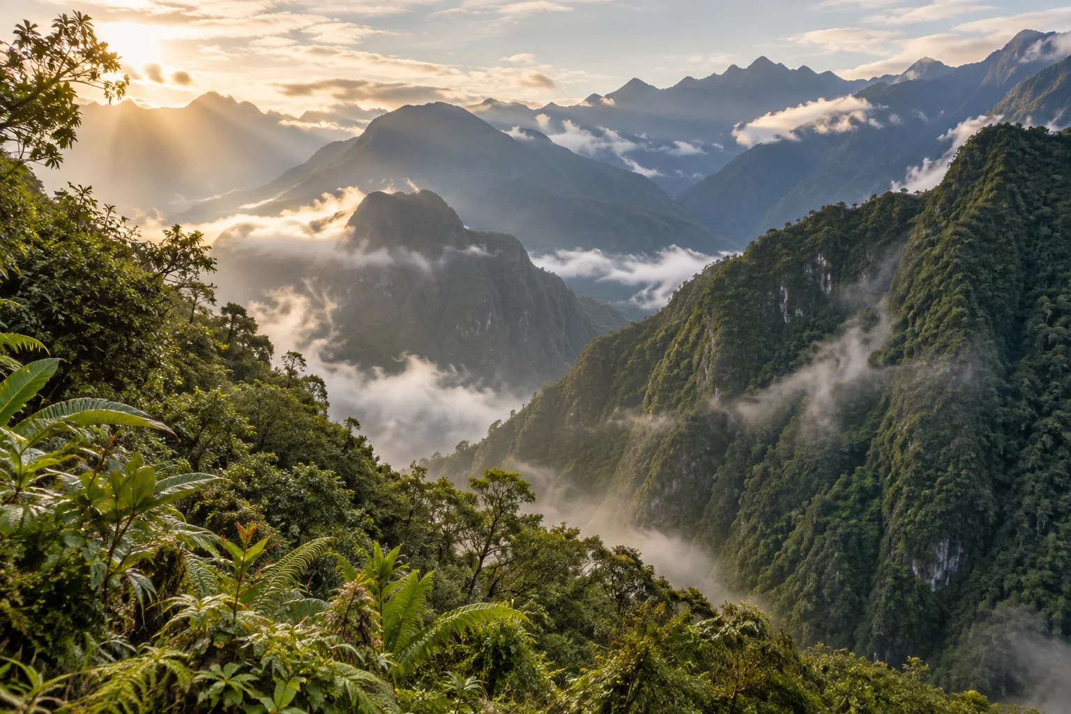 Forested mountain ridges rising through mist in an Andean landscape.