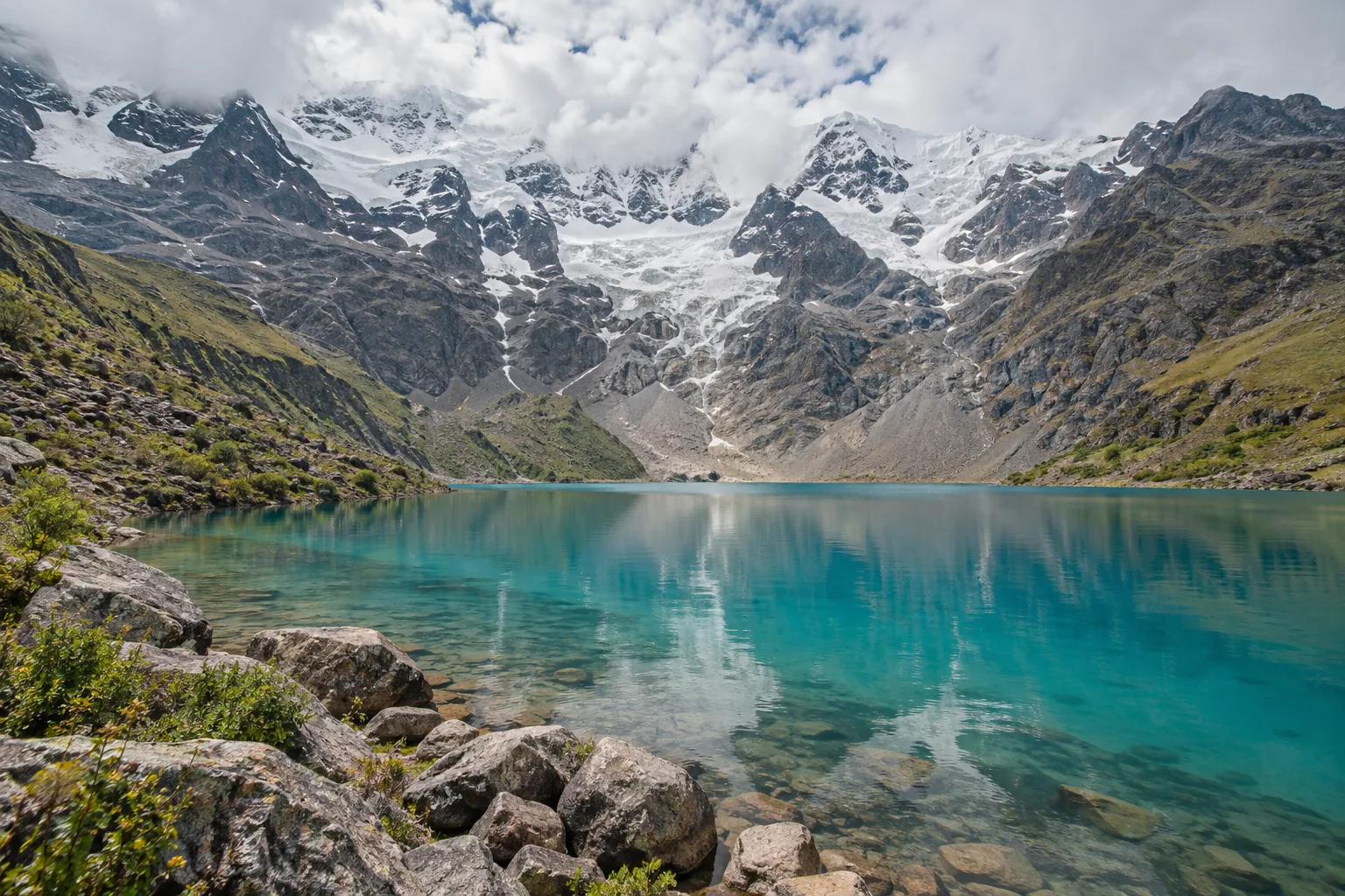 Illustration of a turquoise glacial lake inspired by Humantay Lake
