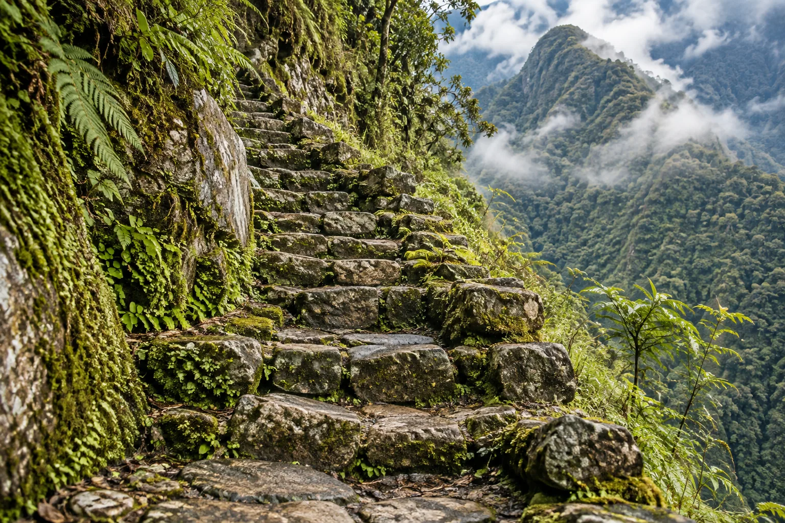 Illustration of stone steps in Andean cloud forest, inspired by the Inca Trail