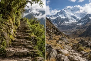 Comparison of a cloud-forest stone path and a high-Andean mountain landscape