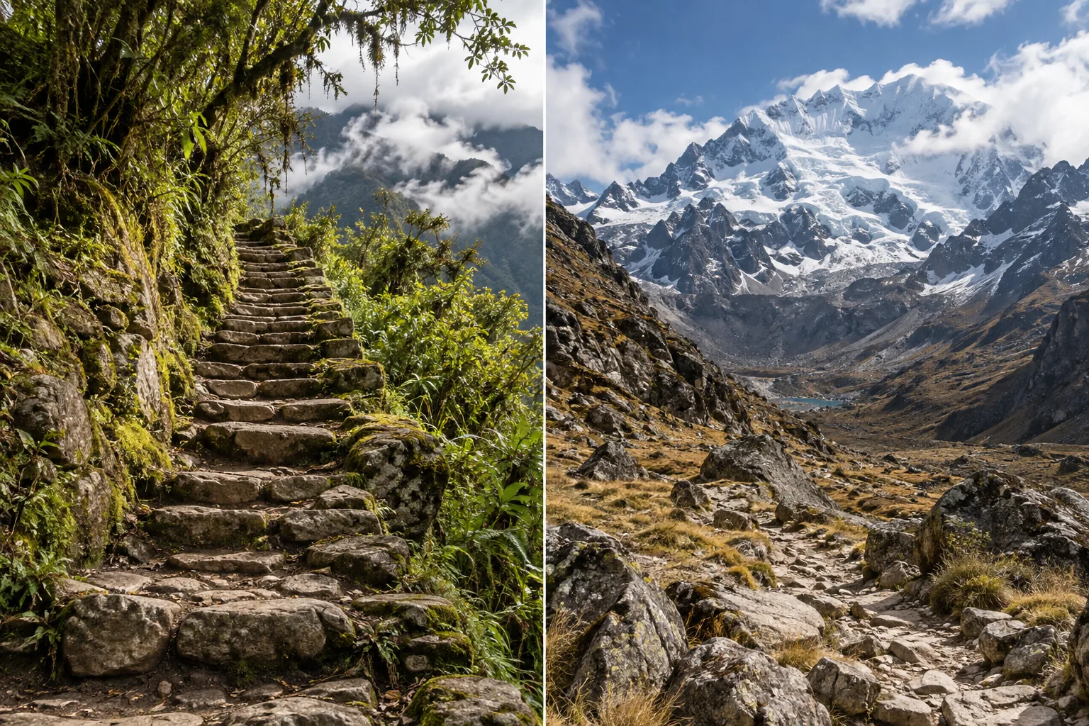 Comparison of a cloud-forest stone path and a high-Andean mountain landscape