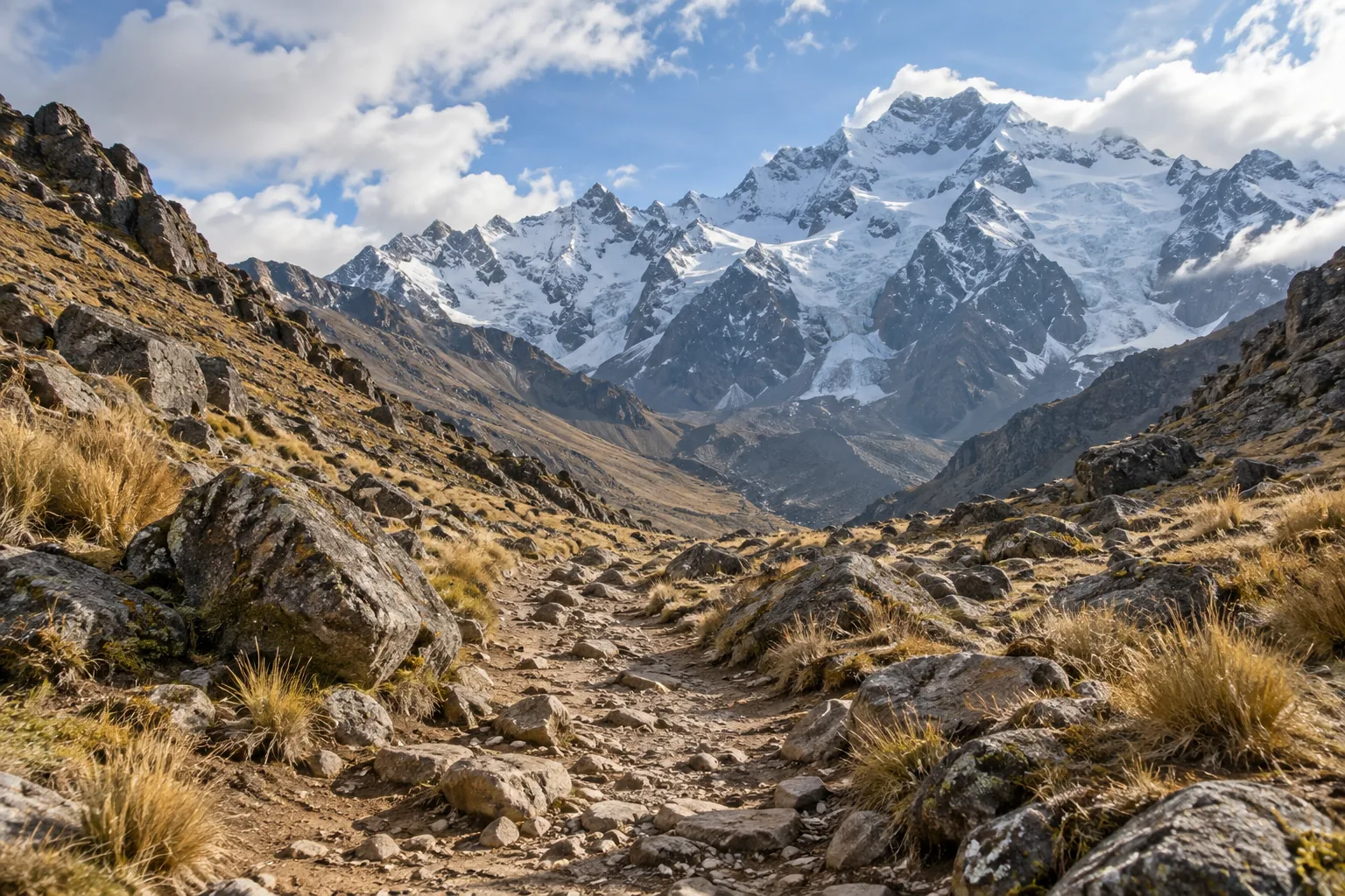 Illustration of a rocky high-Andean trekking landscape inspired by Salkantay
