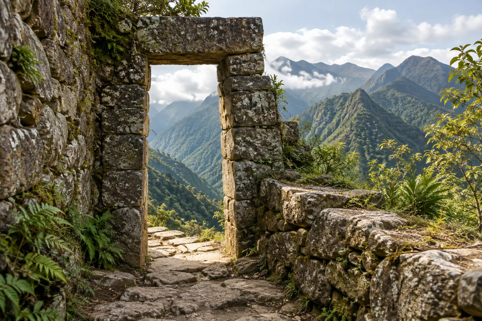 Illustration of an Inca-style stone doorway inspired by Intipunku