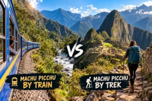 Machu Picchu by train vs trek comparison featuring scenic railway travel and hiking in the Andes.